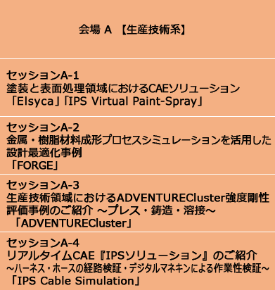 SCSKモノづくりCAEセミナー2019 in 関西 のプログラム 会場A 【生産技術系】