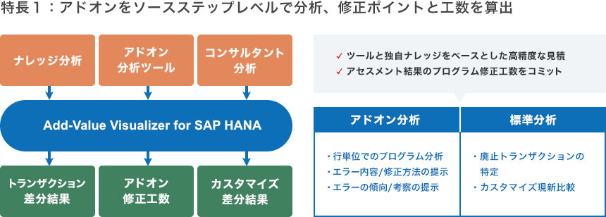 特長1:アドオンをソースステップレベルで分析、修正ポイントと工数を算出