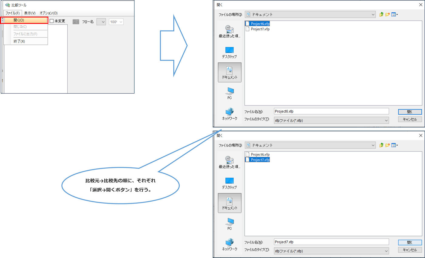 比較ツールでプロジェクトを選択。比較元と比較先を順に指定するだけで差分確認を開始