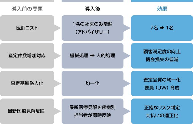 ビジネスルールの作成・変更をユーザ部門（医務査定部門）で実施し、IT部門（協力会社）は機能ロジック（画面、UI）を構築。生命保険会社新契約における、年間40万件の医務査定（人的業務）を機械化