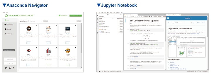 画面イメージ：Anaconda Navigator、Jupyter Notebook