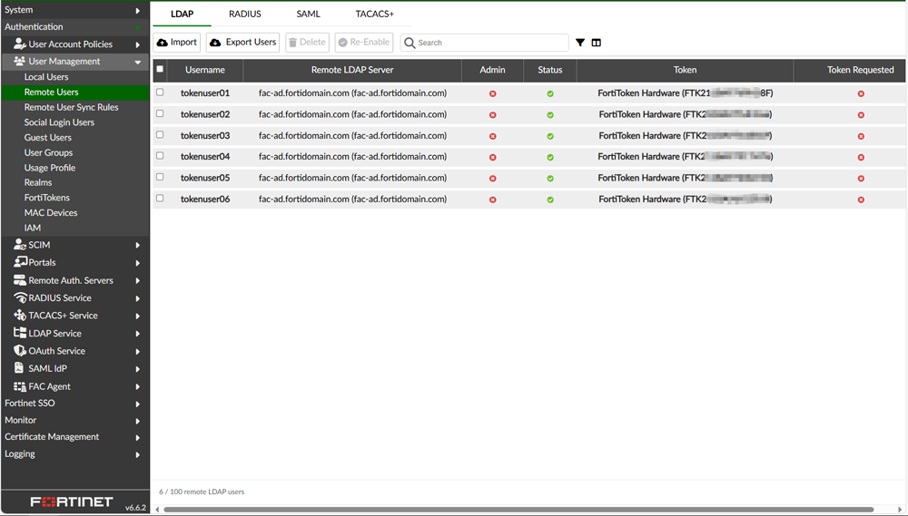 インポートされたユーザーと自動割当てされたFortiTokenの一覧画面