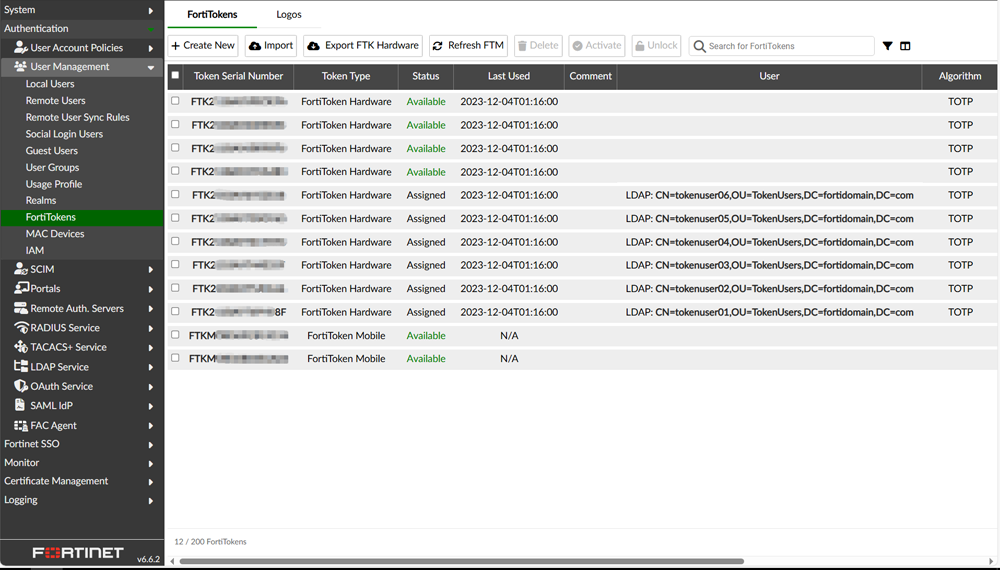 FortiToken一覧画面
