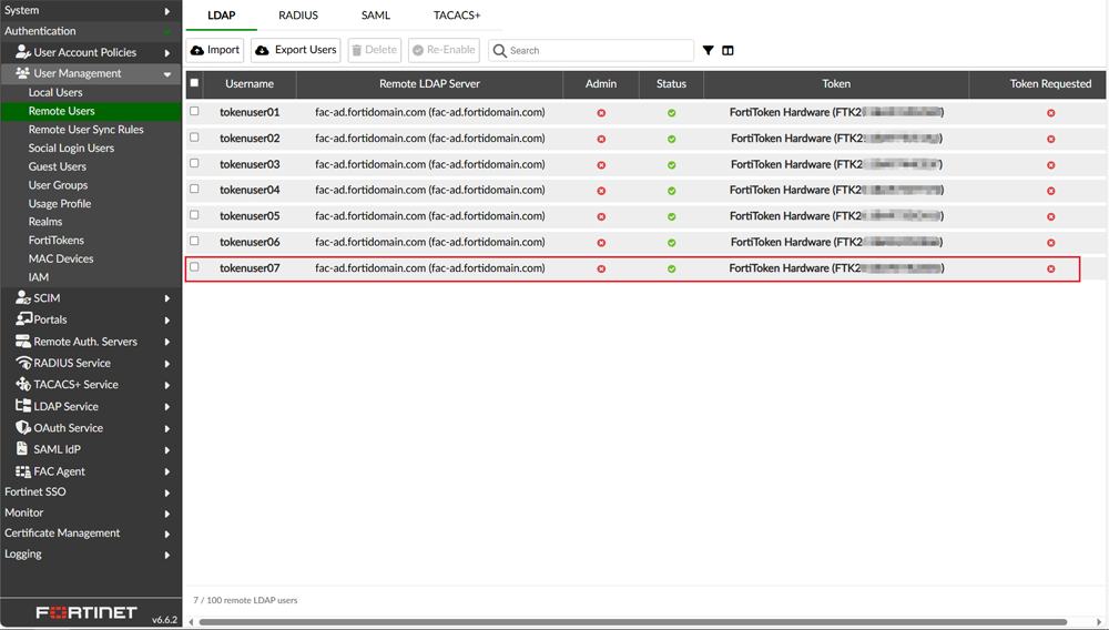 追加ユーザーと自動割当てされたFortiTokenの一覧画面