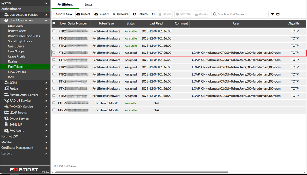 FortiToken一覧画面