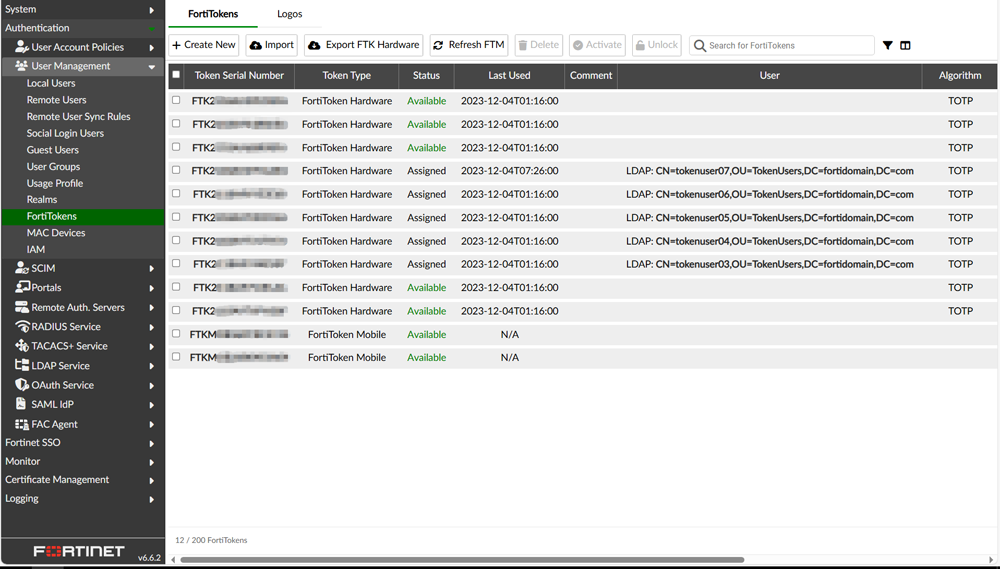 FortiToken一覧画面