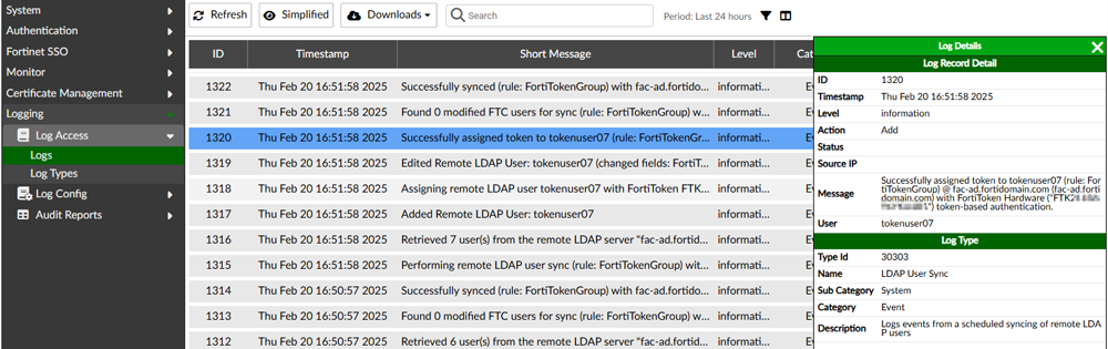 FortiToken自動割当て時のログ