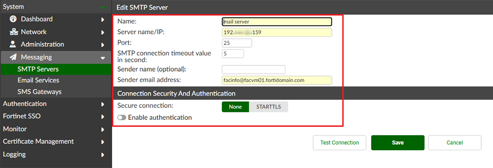 SMTPサーバー設定画面