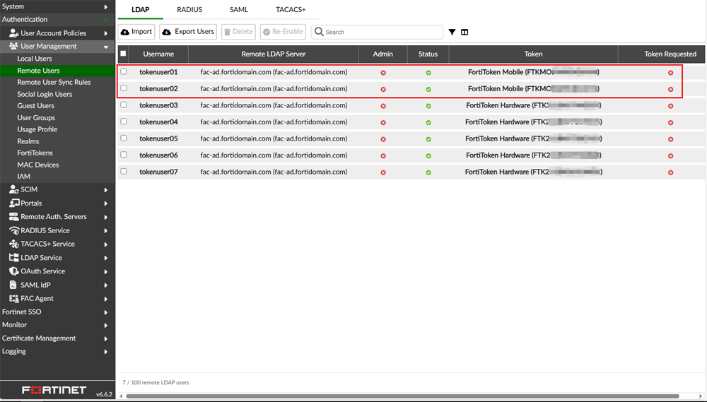 インポートされたユーザーと自動割当てされたFortiTokenの一覧画面