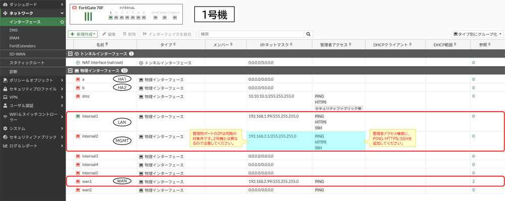 インターフェースの設定（1号機）