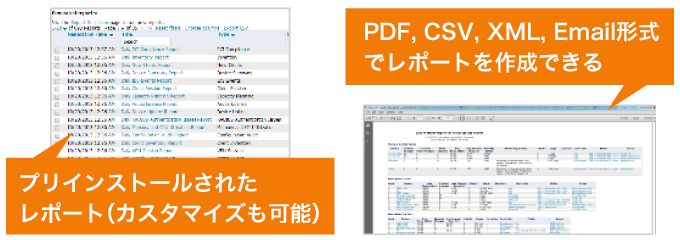 画面イメージ：【左】プリインストールされたレポート（カスタマイズも可能）【右】PDF, CSV, XML, Email形式でレポートを作成できる