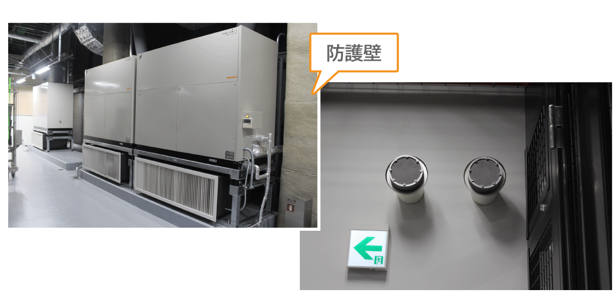 受電設備と防護壁（左側）、窒素消火設備（右側）