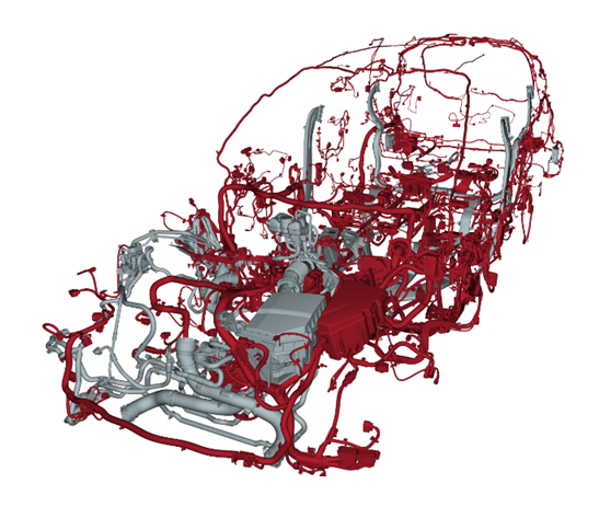車内に血管のように配索されたホース、ケーブル、ワイヤーハーネスなどフレキシブルパーツ