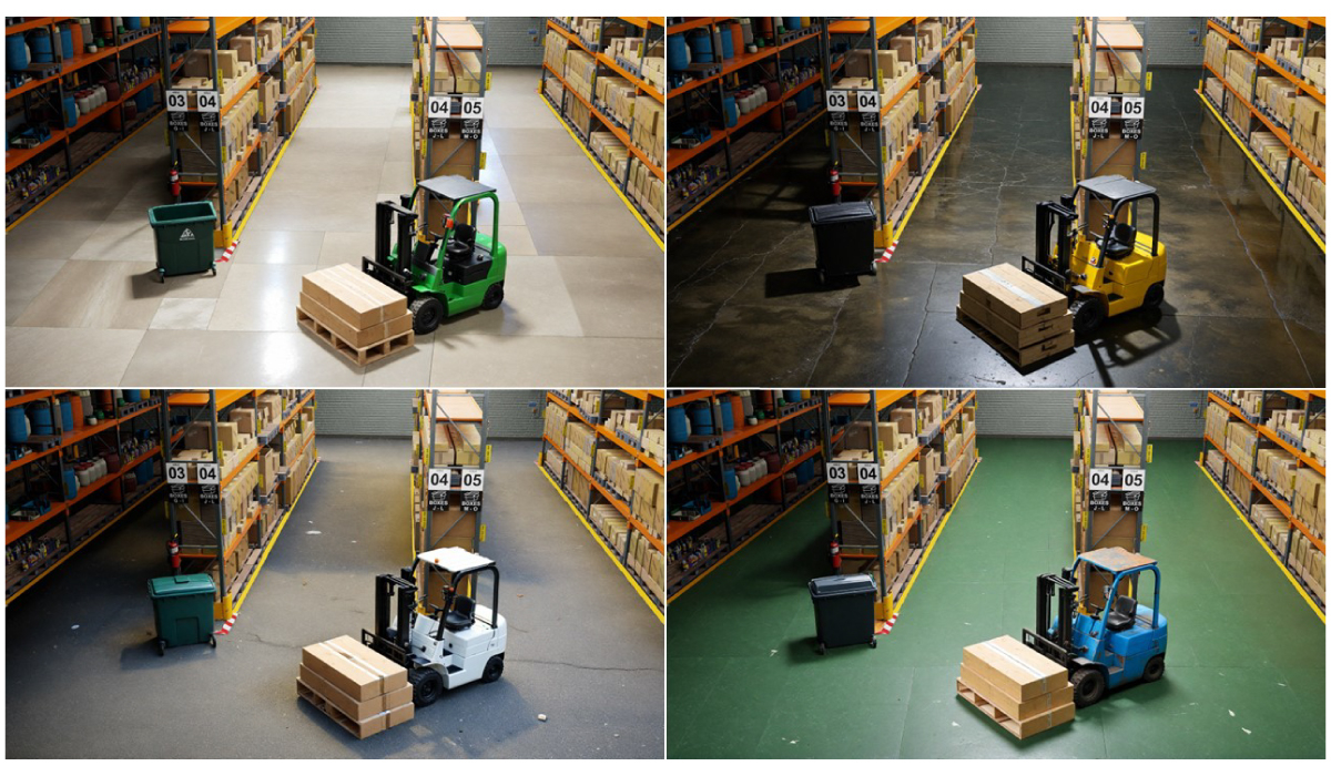 さまざまな種類の床材とフォークリフトの合成画像(出典:NVIDIA)