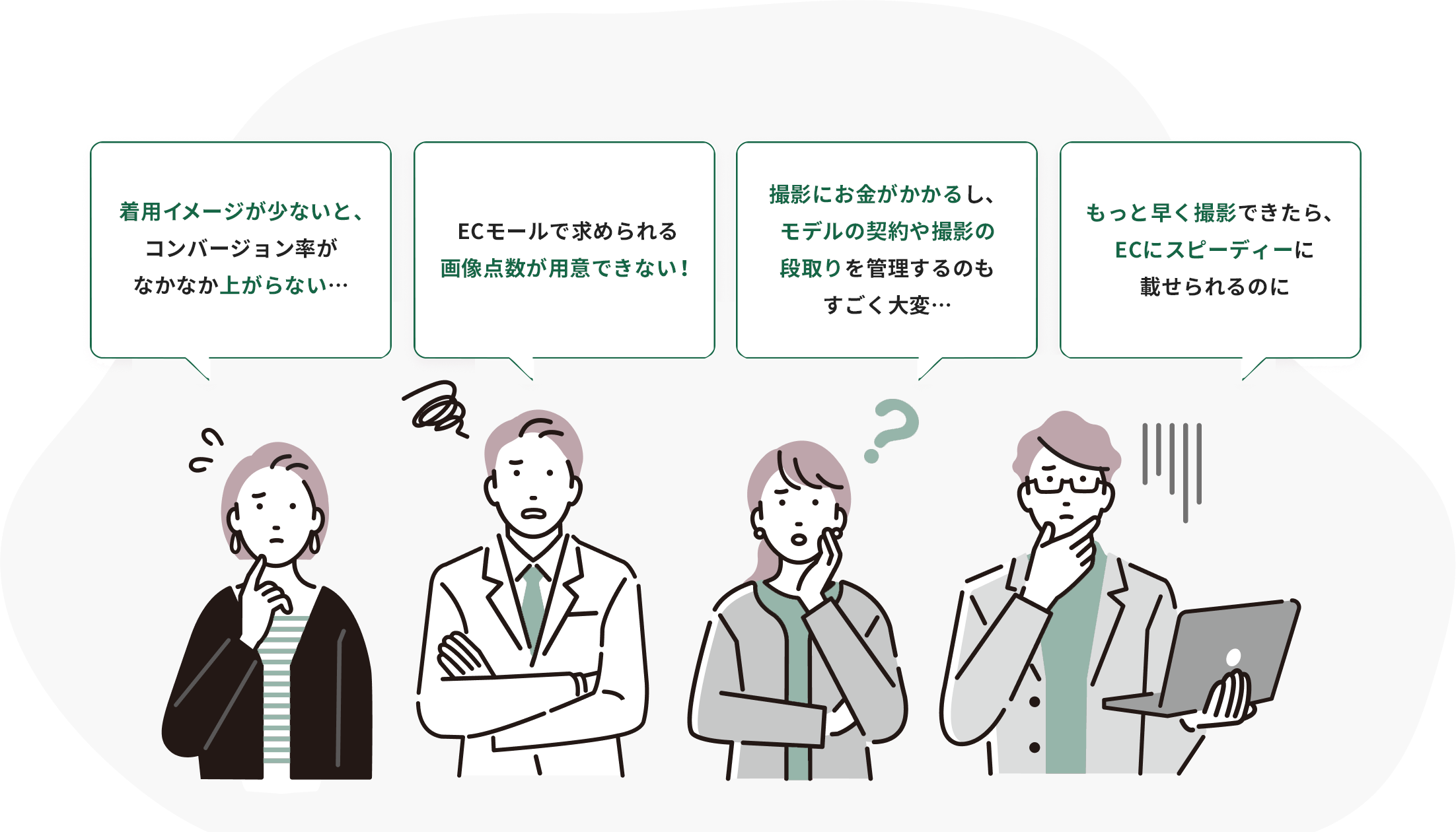 お困りごと 着用イメージが少ないと、コンバージョン率がなかなか上がらない…ECモールで求められる画像点数が用意できない！撮影にお金がかかるし、モデルの契約や撮影の段取りを管理するのもすごく大変…もっと早く撮影できたら、ECにスピーディーに載せられるのに