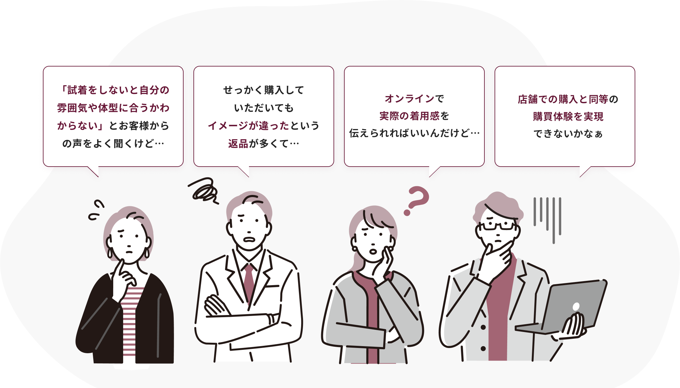 お困りごと 「試着をしないと自分の雰囲気や体型に合うかわからない」とお客様からの声をよく聞くけど…せっかく購入していただいてもイメージが違ったという返品が多くて…オンラインで​実際の​着用感を​伝えられれば​いいんだけど…店舗での​購入と​同等の​購買体験を​実現できないかなぁ